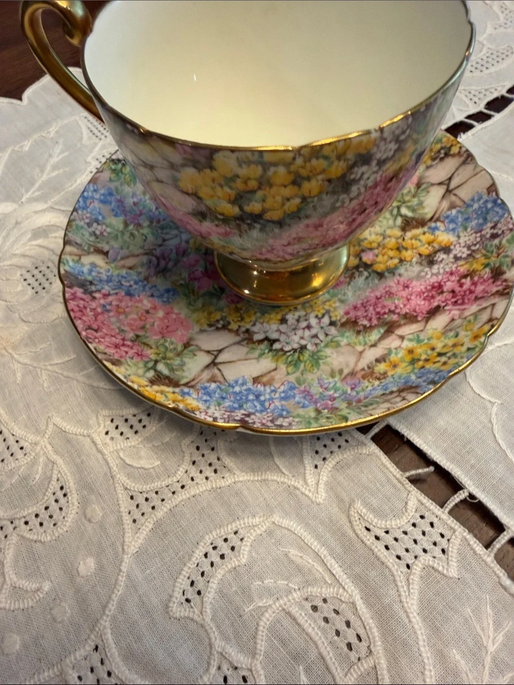 Floral Gold-Trim Porcelain Teacup and Saucer - Pink, Yellow, Blue